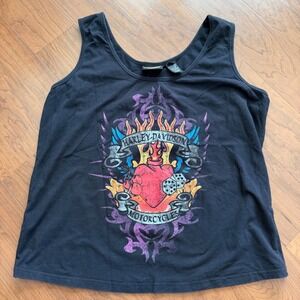 Harley-Davidson Black Flame Heart Rhinestone Wings Tank Top 1x Ladies Y2K Grunge
